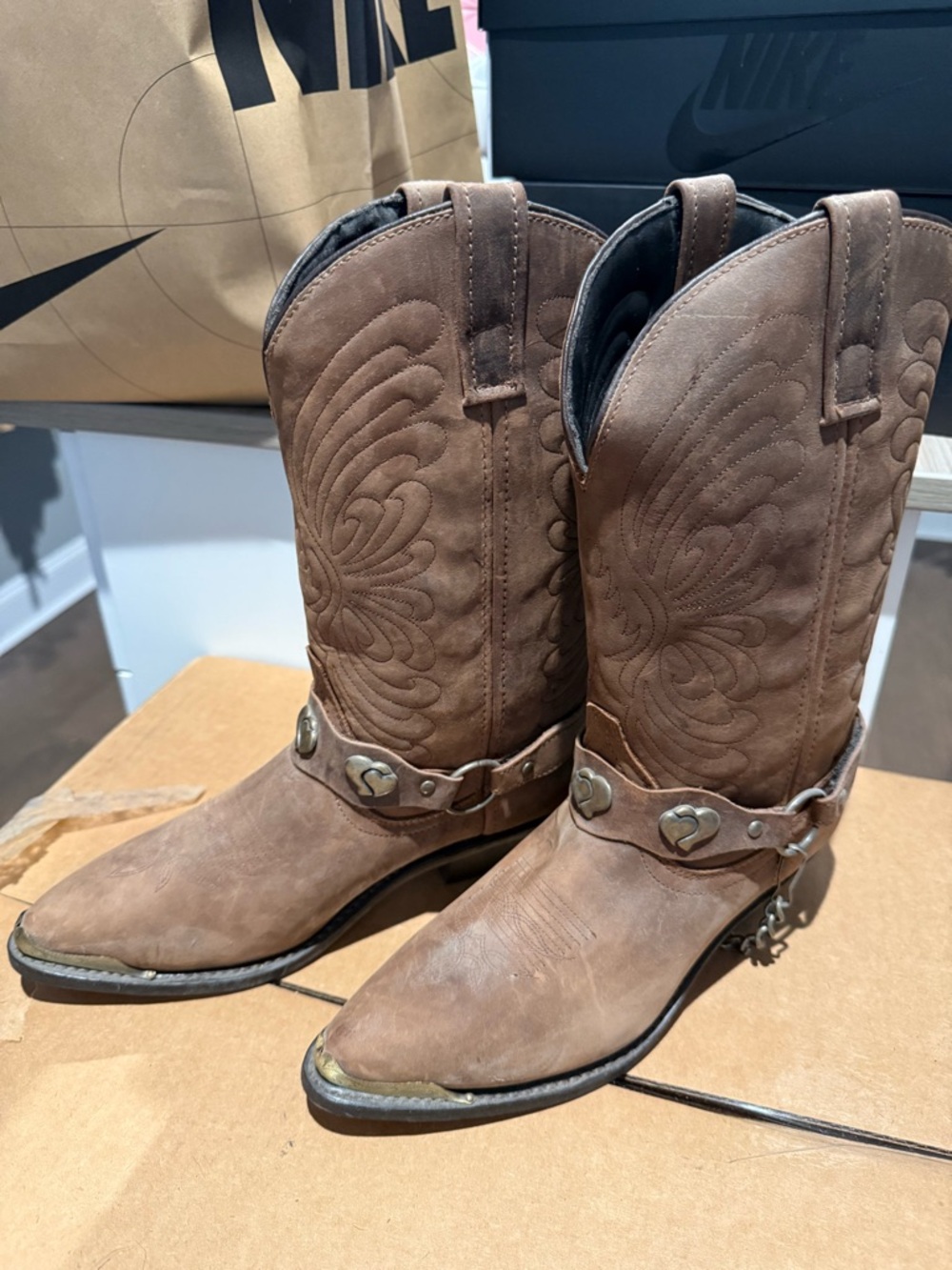 Women's Brown Leather Western Cowboy Boots with Harness